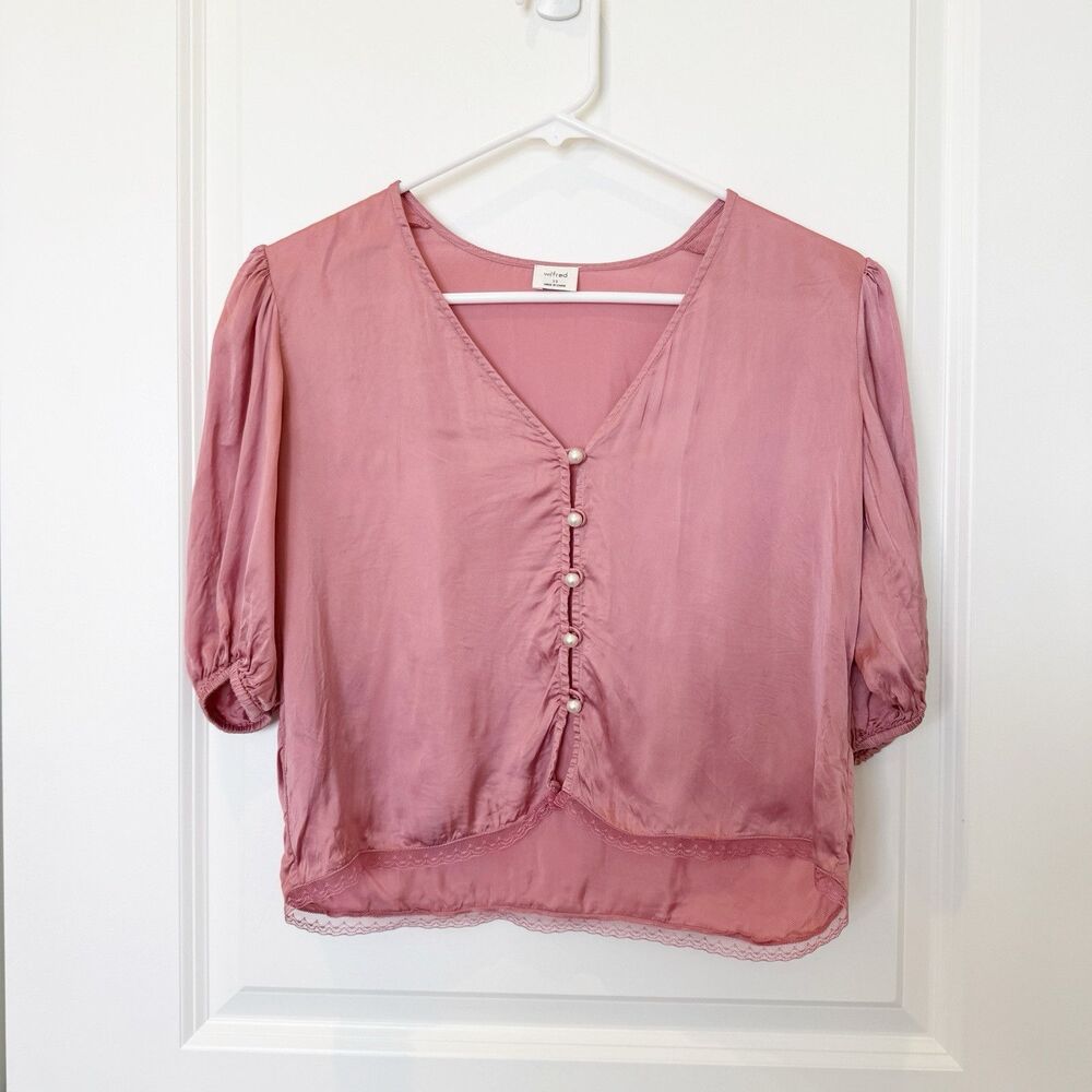 Aritzia Top Womens Sz XSmall Coquette Silk Cupro Button Up Lace Trim Puff Sleeve